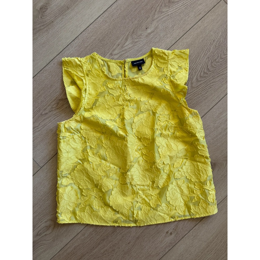 Who What Wear Yellow Floral Jacquard Flutter Sleeve Blouse Top XS